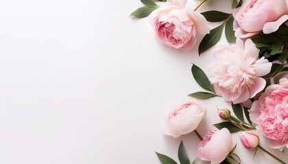 styled feminine scene with pink peonies roses hero image flat lay