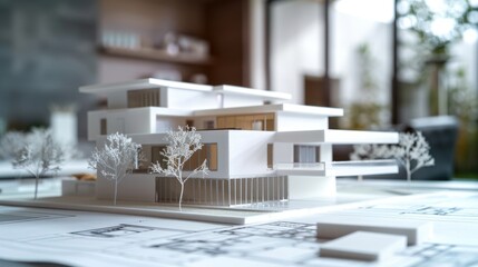 Aufkleber - A miniature house model sitting on a table, ideal for office or home decor