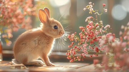 Canvas Print - Adorable Bunny with Flowers in the Sunlight