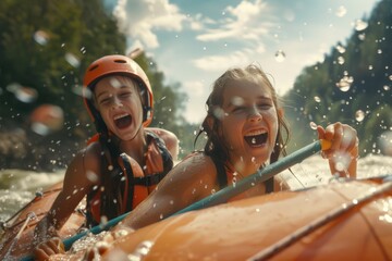 Poster - Two friends enjoying a fun day on the water, paddling their own raft