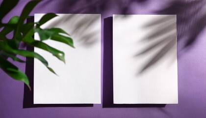 horizontal and vertical sheets of white textured paper against a violet wall background natural light casts shadows from a branch of tropical plants mock up