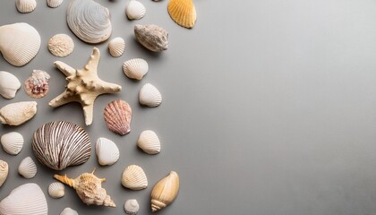 sea shells on gray background summer theme with shells flat lay and copy space