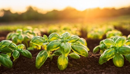 green sprouts of basil in a row on a field in sunset light