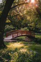 Poster - A wooden bridge spanning a peaceful stream in a lush green park