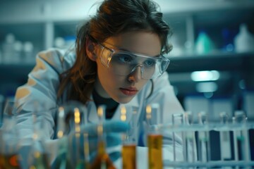 Poster - Scientist examining test tubes with microscope