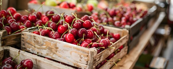 Fresh Red Cherries in Wooden Crate at Market Stall