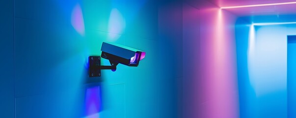 Wall Mural - Security Camera Mounted on a Blue Wall with a Pink and Blue Gradient Background