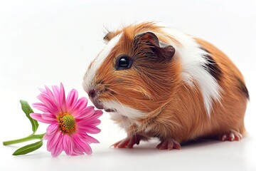 Sticker - Cute Guinea Pig Sniffing a Pink Flower