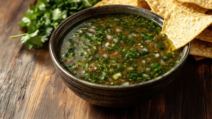 Wall Mural - A bowl of salsa verde with tortilla chips on the side, with ample space for text or logos.