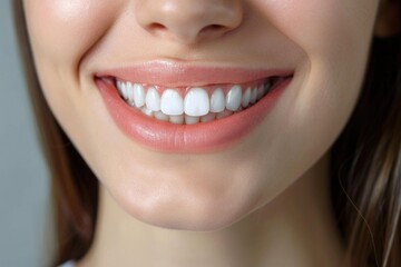 Poster - A close-up shot of a woman's smiling face, highlighting her white teeth and pleasant expression