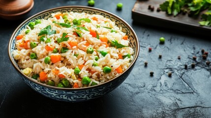 Wall Mural - A colorful bowl of Chinese fried rice with peas and carrots, with space for menu content on the side.