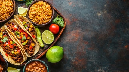 Wall Mural - A colorful Mexican food platter with tacos, rice, and beans, with space for menu text or branding.