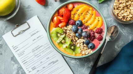 Wall Mural - A diet plan sheet next to a smoothie bowl with vibrant toppings, with space for copy or logos.