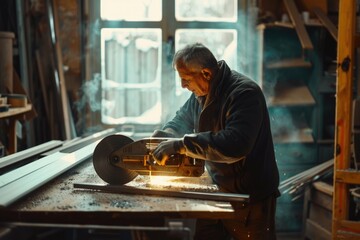 Poster - A person is working on a piece of wood in a workshop, likely engaged in woodworking or crafting