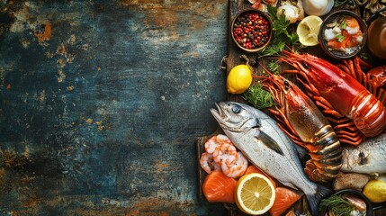 Wall Mural - Raw seafood spread with copy space, featuring a variety of fresh fish, shrimp, and lobster on a rustic table.