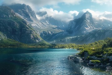 Aufkleber - Mountainous scenery with calm water and reflection of surrounding mountains