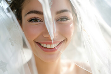 Wall Mural - beautiful young happy smiling bride in white veil, generative AI