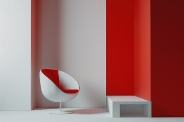 Wall Mural - A single chair stands against a bold red wall in an empty room