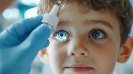 Tiny hands, big care: Child carefully administering eye drops in a sterile medical setting. Emphasize children's eye health, students, love your eyes