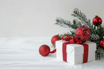 Poster - A beautifully wrapped gift box with red ribbon and festive ornaments, perfect for holidays or special occasions