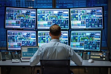 Poster - a person sitting at a desk with several computer monitors