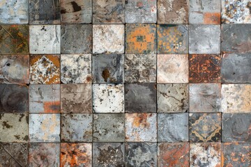 Poster - A close-up view of a wall covered in variously colored tiles, ideal for use in interior design or architecture contexts