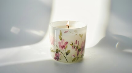 Canvas Print - Floral scented candle casting warm shadows on a white surface as it burns