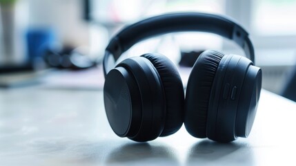 Modern wireless headphones on a desk in a blurred office background, showcasing the concept of remote work and audio technology