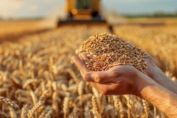 Poster - A person holds a handful of wheat in a sunny field, suitable for use in agriculture or rural lifestyle scenes