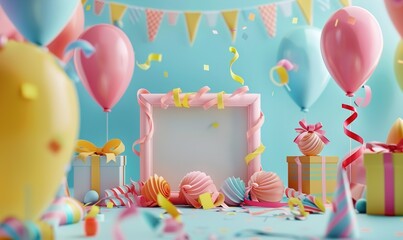 happy birthday background with balloon decoration and gifts in simple elegant color Generate AI