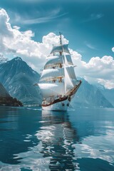 Wall Mural - A large white sailboat gliding smoothly across the surface of a peaceful lake or sea