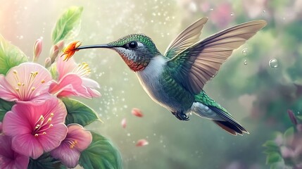 Poster - Hummingbird Sipping Nectar from Pink Flower