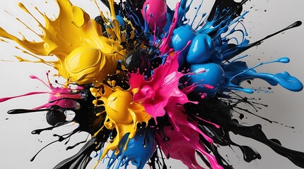 A vibrant CMYK explosion depicting a dynamic burst of cyan, magenta, yellow, and black toner splatters against a white background, symbolizing creativity and the printing process. 