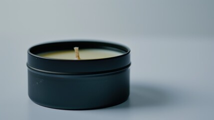 Serene black candle in a tin jar on a white background, promoting relaxation and mindfulness with its cozy glow and soothing aroma. Perfect for spa or home decor