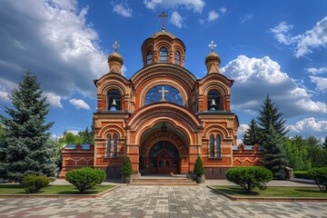 Poster - A historic church with a prominent clock tower in the foreground, ideal for use in historical or architectural settings
