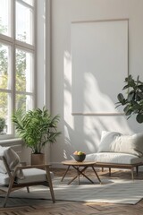 Poster - A comfortable living room with modern furniture and a big window for natural light, suitable for home decoration and interior design inspiration