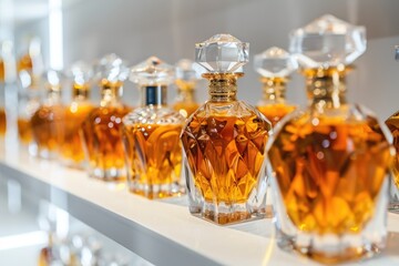 Poster - A row of perfume bottles displayed on a shelf, perfect for product photography or editorial use
