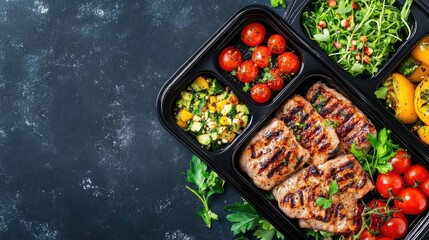 Wall Mural - A keto meal prep of grilled meats and vegetables in containers, with space for copy around.