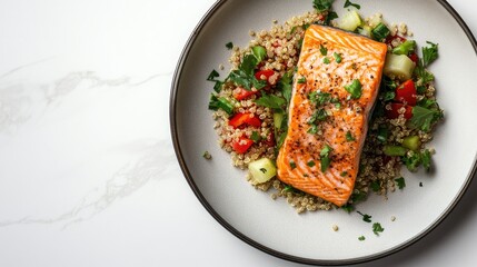 A plate of fresh salmon with a side of quinoa and vegetables on a white background, with space for text.