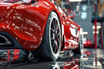 Poster - A red sports car parked in a garage, ready for use or storage