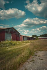 Poster - A small red building sits in the middle of a green field, surrounded by nature