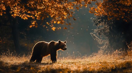 Canvas Print - Silhouette of a Brown Bear in Autumn Forest