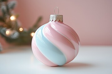 A close-up image of a beautiful Christmas ornament featuring a swirl design in pastel colors of blue, white, and pink.