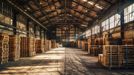 Aufkleber - Warehouse storage space filled with wooden pallets, suitable for commercial or industrial use