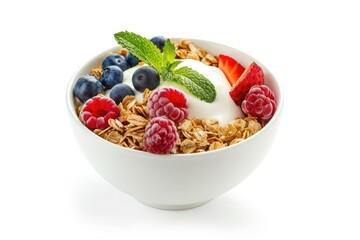 Wall Mural - A nutritious breakfast bowl filled with milk, yogurt, and mixed berries