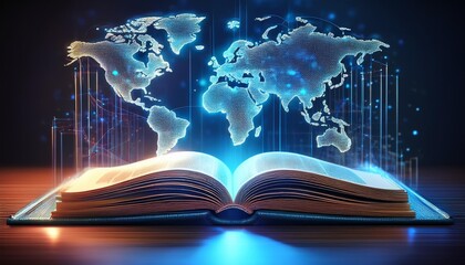 The Future of Learning: An AI-Powered Holographic Open Book and Interactive Global Map, A futuristic classroom with a holographic open book or a bible displaying interactive content and a global map 