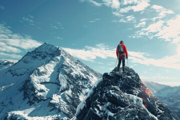 Canvas Print - A man stands at the peak of a snowy mountain, offering breathtaking views