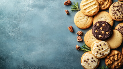 Wall Mural - Assorted Homemade Cookies with Nuts on Blue Textured Background