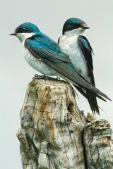 Wall Mural - Two birds sitting on a tree stump in a natural setting