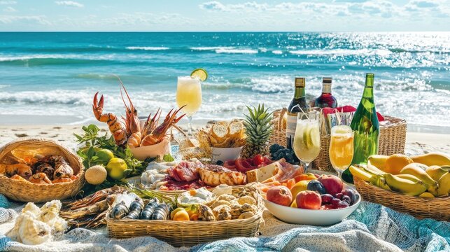 Beach-themed picnic poster featuring a seaside picnic setup with seafood, fresh fruits, and drinks, ideal for a coastal picnic event.